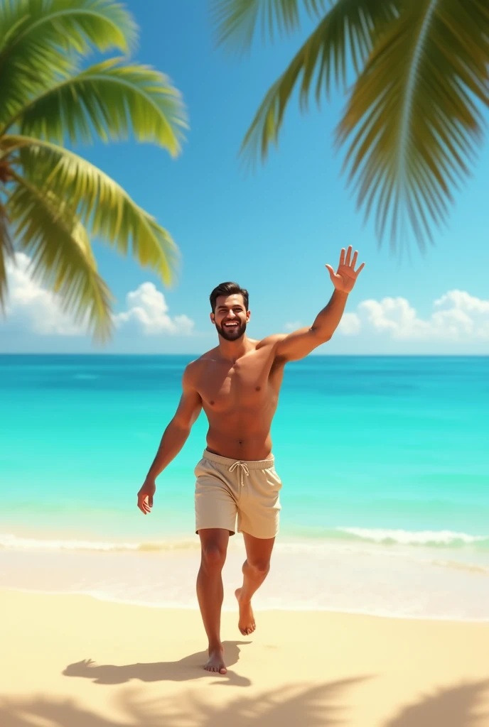 A man on the beach waves smiling completely naked
