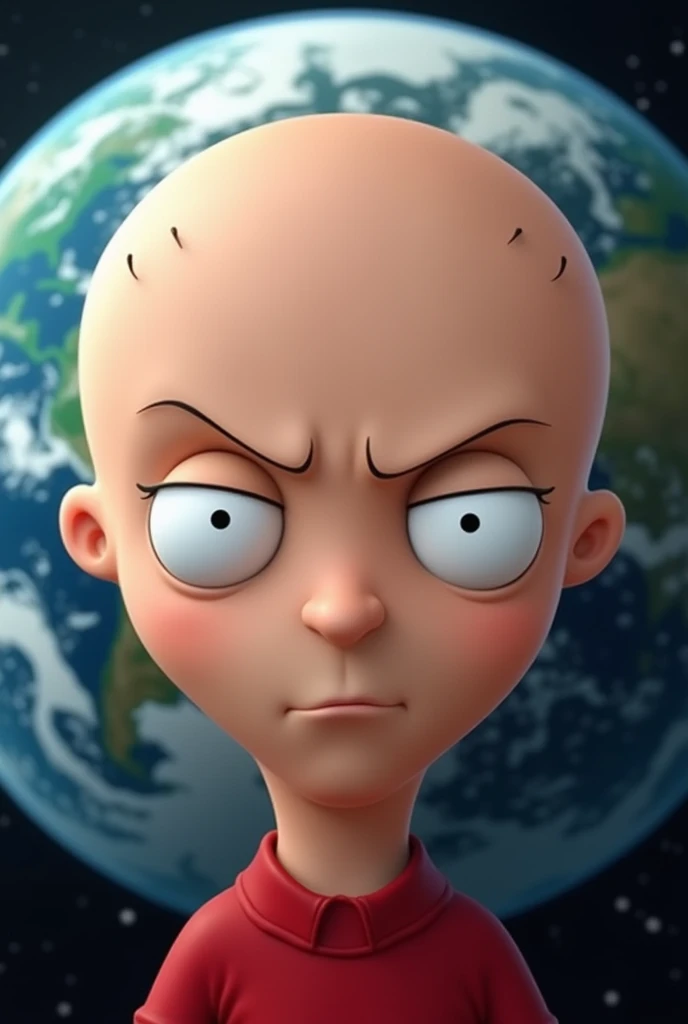 Stewie from family guy's face in front of earth