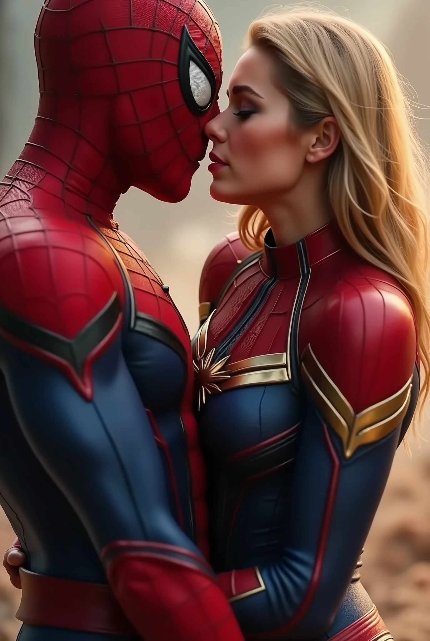 Spiderman is inserting his fingers in Captain Marvel’s vagina under her skirt, he is fingering her, she is in ecstasy, realistic, high detail, he is touching her vagina, she is gasping with pleasure