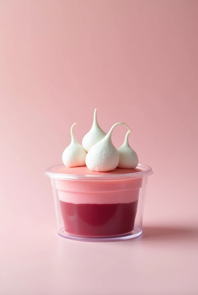 Clear plastic dessert container, It has two levels of guava cream inside., first layer is pink, second layer of burgundy color and white meringue decoration