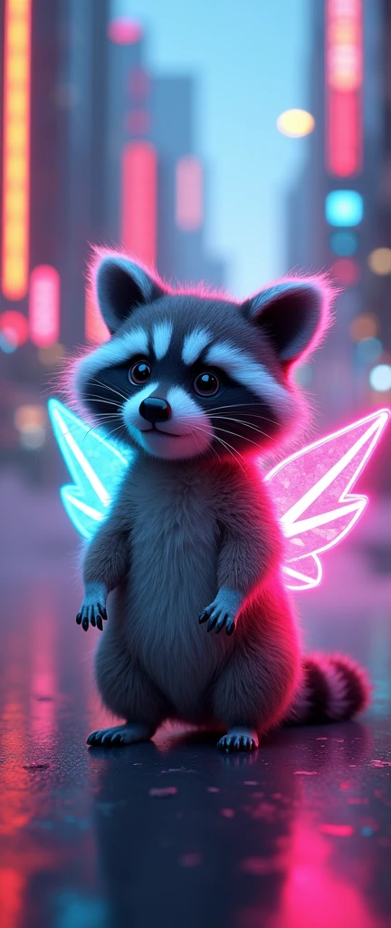 A captivating photograph of a cute extra fluffy baby realistic raccoon with wings, glowing neon-colored powers, and an adorable expression. The wings have a cyberpunk design, with vibrant hues of blue, pink, and green. The baby racoon is surrounded by a neon energy field that radiates outward, creating a surreal atmosphere. The background features a cityscape with towering skyscrapers, and a holographic sky that displays a myriad of colors., photo, 3d render, conceptual art
