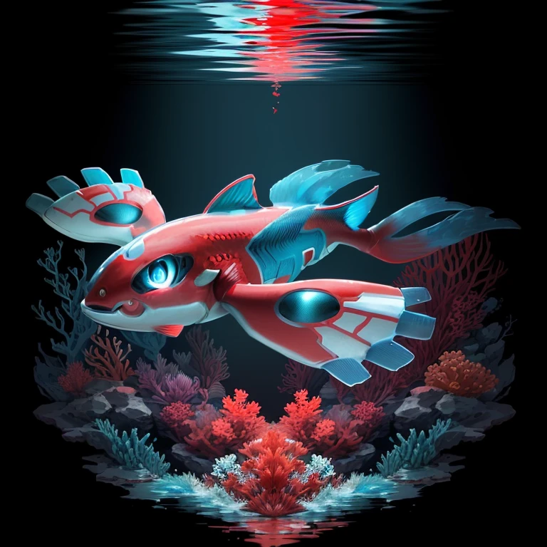 pokemon blue and red fish with white fins and red eyes, illustration pokemon, tech art, water type, ray, official art, three quarter view, deep sea creature, art-deco, art - deco, underwater leviathan, full - shot, full-shot, mystery pokemon, 2 d, 2d, full device, leviathan, deep sea fish, deco