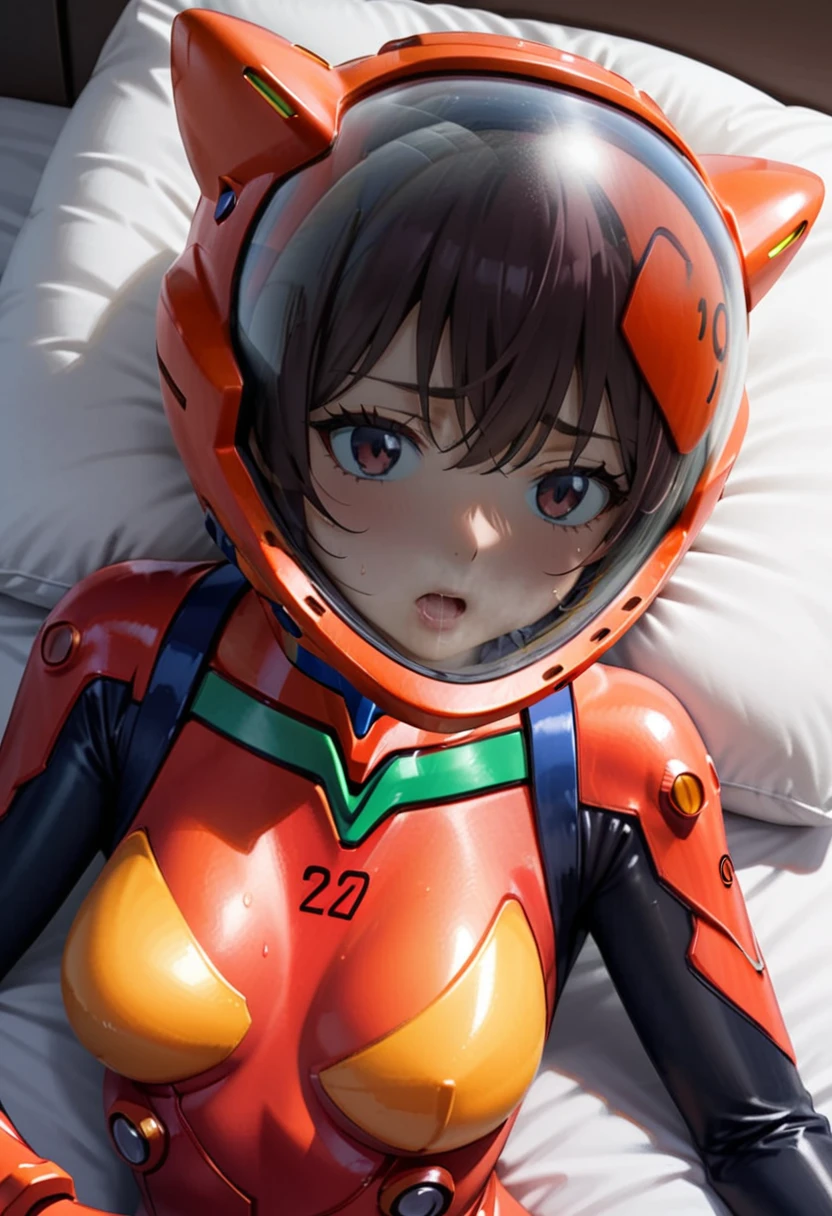 plugsuit, red bodysuit,evangelion,\ helmet, space helmet , , looking at the audience, lying , indoors, in bed, bed, masterpiece, best quality, 1girl, solo, tits, lie down, , short hair, from above,, sweat, trembling, HARD TO BREATH,, fog,water on the face, drowning, water torture, sweat, close up, upper body,evangelion,red helmet, space helme, cat ears, mouth open, , red helmet, Sonoda Umi, from side,,(grab breast,