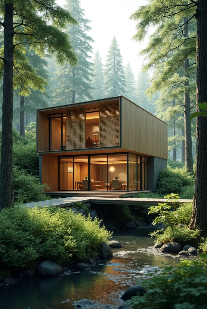 "Generate a serene and harmonious image of a Japandi-style building nestled in the heart of a dense forest.
