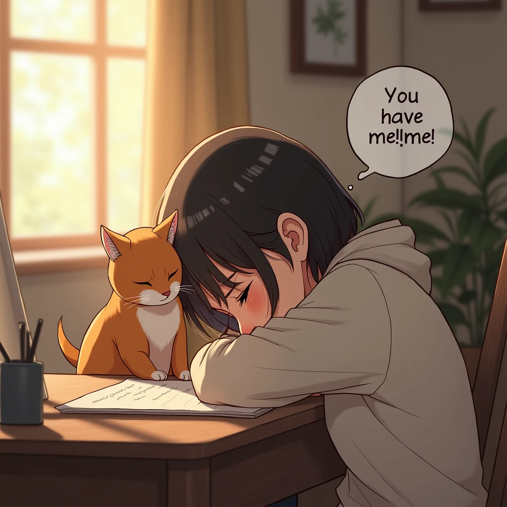 A woman falls down on her desk and cries, The cat is comforting her by putting his hand on her head and his talking bubble says "You Have Me!me!"