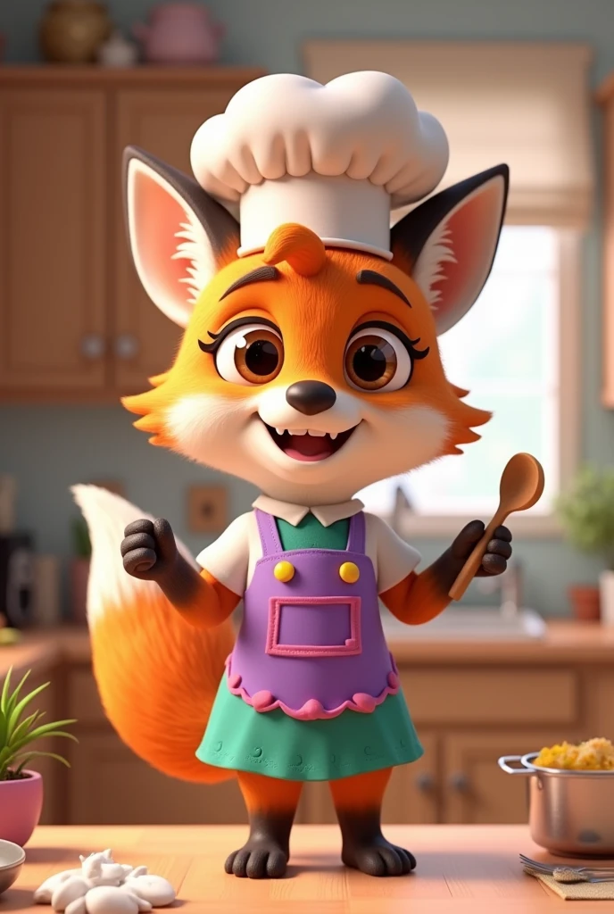 name: Foxy Frizz Style: Disney Pixar 3D Personality: friendly, Cunning, passionate about cooking and decorating.
Appearance:
colors: Vibrant shades of orange and white, green and blue details.
Accessories: chef hat, purple apron with pink details, and kitchen utensils (like a spatula or wooden spoon).
Expressions: warm smile, olhos grandes e brilhantes.
Activities and Poses:
cozinhando (stirring a pan, preparing a dish).
Decorating (holding a plant or setting a table).
Giving home tips (pointing to a tip board).
Interactivity on the Website:
Hover animations (wink, TO WAVE, dance).
Friendly messages and helpful tips.