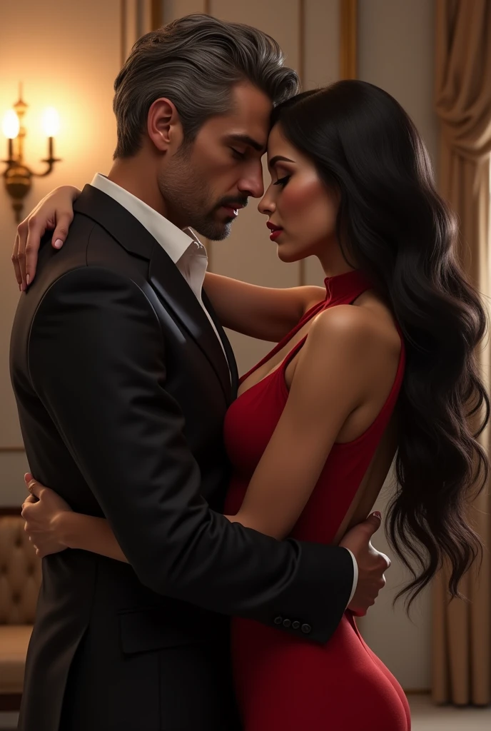 A sensual woman with long, flowing black hair, embracing a distinguished man who appears to be a director. She is wearing a stylish, form-fitting outfit that accentuates her curves, while the director is dressed in a smart, professional suit. They are in a luxurious setting, such as an elegant office or high-end studio. The scene is intimate, with soft lighting that highlights their features and creates a warm, inviting atmosphere. The woman’s expression is confident and alluring, while the director’s expression shows admiration and affection.