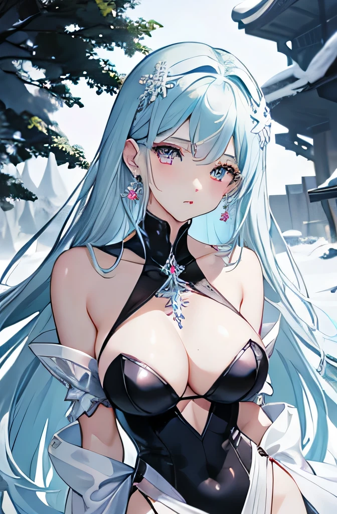 Anime, woman, long hair, pale blue hair, pink eyes, gently, earrings, big boob, wearing a black dress, beautiful, elegant, pure, fantasy, ice, snowflake, snow land, cool, noble,