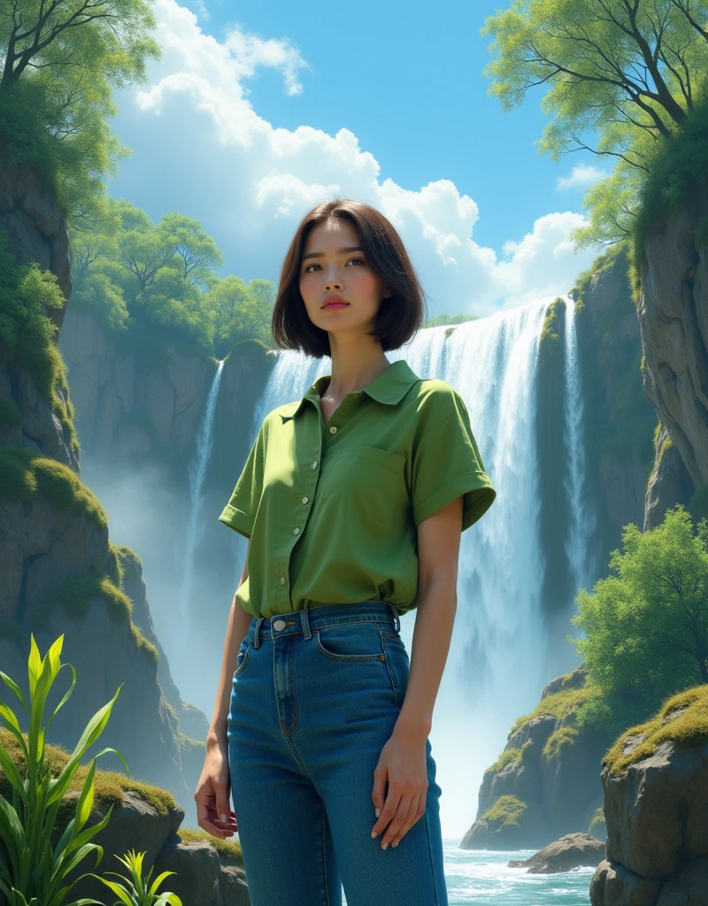 Beautiful woman short hair wearing green shirt and jeans, standing in front of beautiful waterfall, blue sky in the morning, rain forest atmosphere