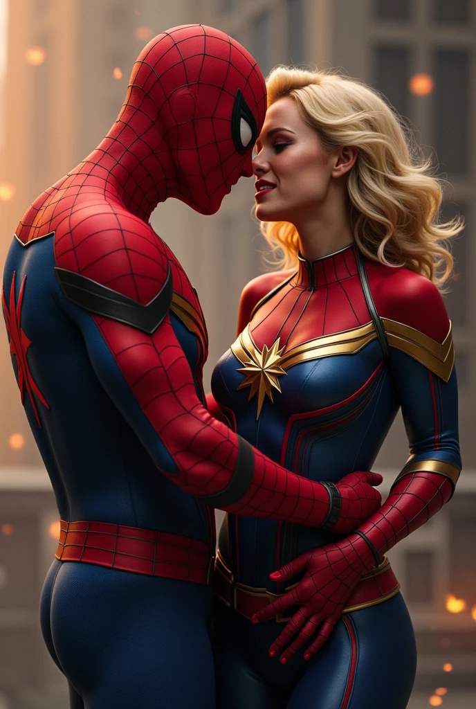 Spiderman is inserting his fingers in Captain Marvel’s vagina under her skirt, he is fingering her, she is in ecstasy, realistic, high detail, he is touching her vagina, she is gasping with pleasure, touching her breasts, visible cleavage