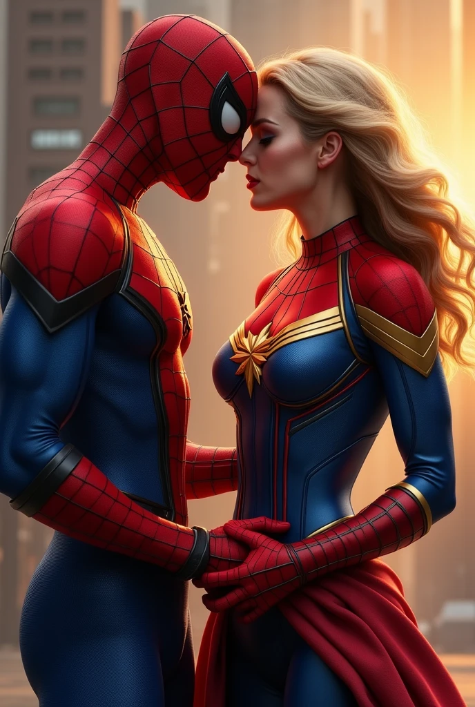 Spiderman is inserting his fingers in Captain Marvel’s vagina under her skirt, he is fingering her, she is in ecstasy, realistic, high detail, he is touching her vagina, she is gasping with pleasure, touching her breasts, visible cleavage
