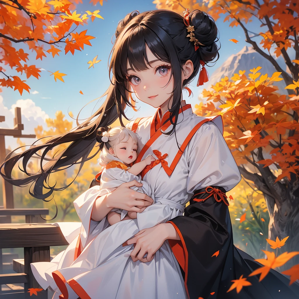 A chibi child girl had a small face and Wearing white little Taoist priest's outfit. A pair of big round eyes shone with curiosity about him. This child was so cute! ,her hair is black with two buns on her hair.small chibi, chibi baby, smiling.
The little chibi baby looked up with his chest raised, and his face was old and proud.
The backdrop is a mountain that turns orange-red in spring, and maple leaves fall from the trees.