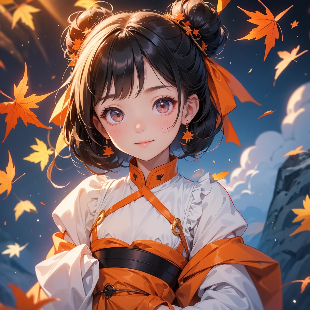 A chibi child girl had a small face and Wearing white little Taoist priest's outfit. A pair of big round eyes shone with curiosity about him. This child was so cute! ,her hair is black with two buns on her hair.small chibi, chibi baby, smiling.
The little chibi baby looked up with his chest raised, and his face was old and proud.
The backdrop is a mountain that turns orange-red in spring, and maple leaves fall from the trees.
