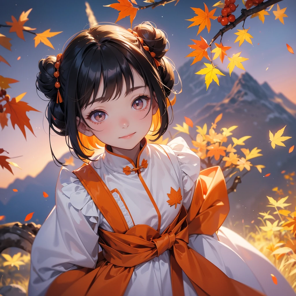 A chibi child girl had a small face and Wearing white little Taoist priest's outfit. A pair of big round eyes shone with curiosity about him. This child was so cute! ,her hair is black with two buns on her hair.small chibi, chibi baby, smiling.
The little chibi baby looked up with his chest raised, and his face was old and proud.
The backdrop is a mountain that turns orange-red in spring, and maple leaves fall from the trees.