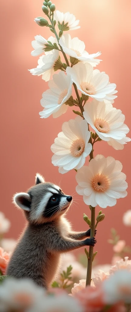 A captivating and conceptual photograph of a cute, extra fluffy baby raccoon, rendered with astonishing realism. The raccoon is captured in a close-up shot, admiring a magnificent bouquet of large white hollyhock flowers. Each flower is meticulously crafted from intricate paper-cut lace patterns, displaying a mesmerizing level of detail and complexity. The hollyhock stands tall, its delicate filigree of cut paper shimmering in the light and casting a mesmerizing interplay of shadows and illumination. The petals, resembling the finest lace, form a breathtaking masterpiece. The background boasts a gently gradient salmon hue, with a blurred garden effect and bokeh elements that further enhance the dreamlike atmosphere. This conceptual art piece combines photography, 3D rendering, and digital manipulation to, conceptual art, photo, 3d render