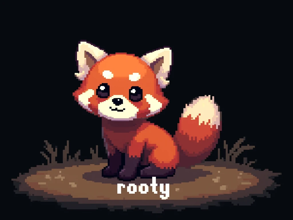 Pixel art, 16-bit style, 256x256, limited color palette, cute, small, red panda, far away, sitting pose, looking directly at the viewer, playful expression, fluffy tail curled around its body, big ears, dark brown eyes, black nose, black background, white pixel text “rooty” at the bottom of the screen. (Generate a 16-bit style pixel art image of a cute, small red panda sitting in a playful pose. The red panda should be far away, giving the impression of being in the distance. It should be looking directly at the viewer with a playful expression. Its fluffy tail should be curled around its body. The red panda should have big ears, dark brown eyes, and a black nose. The image should be 256x256 pixels and use a limited color palette. The background should be completely black. The text “rooty” should be written in white pixels at the bottom of the screen.)