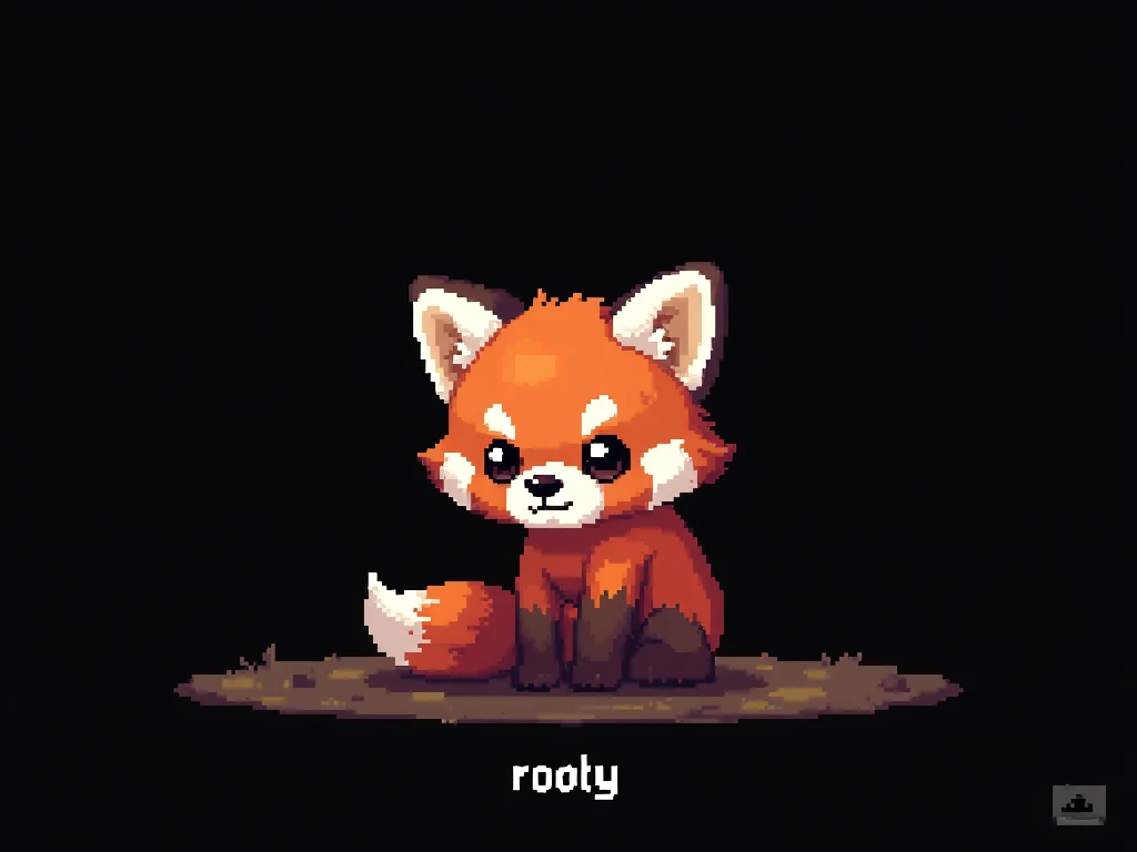 Pixel art, 16-bit style, 256x256, limited color palette, cute, small, red panda, far away, sitting pose, looking directly at the viewer, playful expression, fluffy tail curled around its body, big ears, dark brown eyes, black nose, black background, white pixel text “rooty” at the bottom of the screen. (Generate a 16-bit style pixel art image of a cute, small red panda sitting in a playful pose. The red panda should be far away, giving the impression of being in the distance. It should be looking directly at the viewer with a playful expression. Its fluffy tail should be curled around its body. The red panda should have big ears, dark brown eyes, and a black nose. The image should be 256x256 pixels and use a limited color palette. The background should be completely black. The text “rooty” should be written in white pixels at the bottom of the screen.)