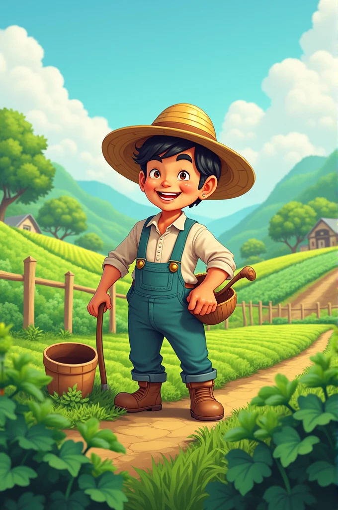 Show a cartoonish farmer, Ramū, dressed in traditional attire, working diligently in a lush green field. Include farming tools and crops in the background.