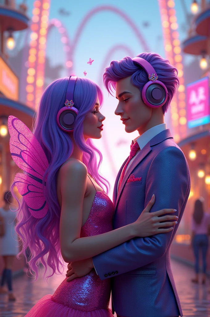 Korean purple haired butterfly woman in headphones with short shiny outfit and pink glittery wings dancing with young white haired muscular man in jazz