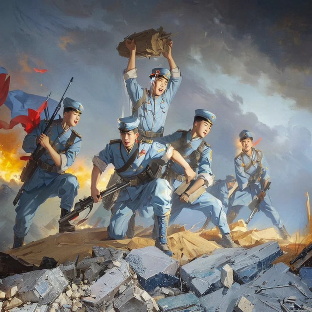 Chinese People'sboy soldiers holding tools and mriages,picking up rubble on the battlefield in blue uniforms,with red flags fluttering behind them.,