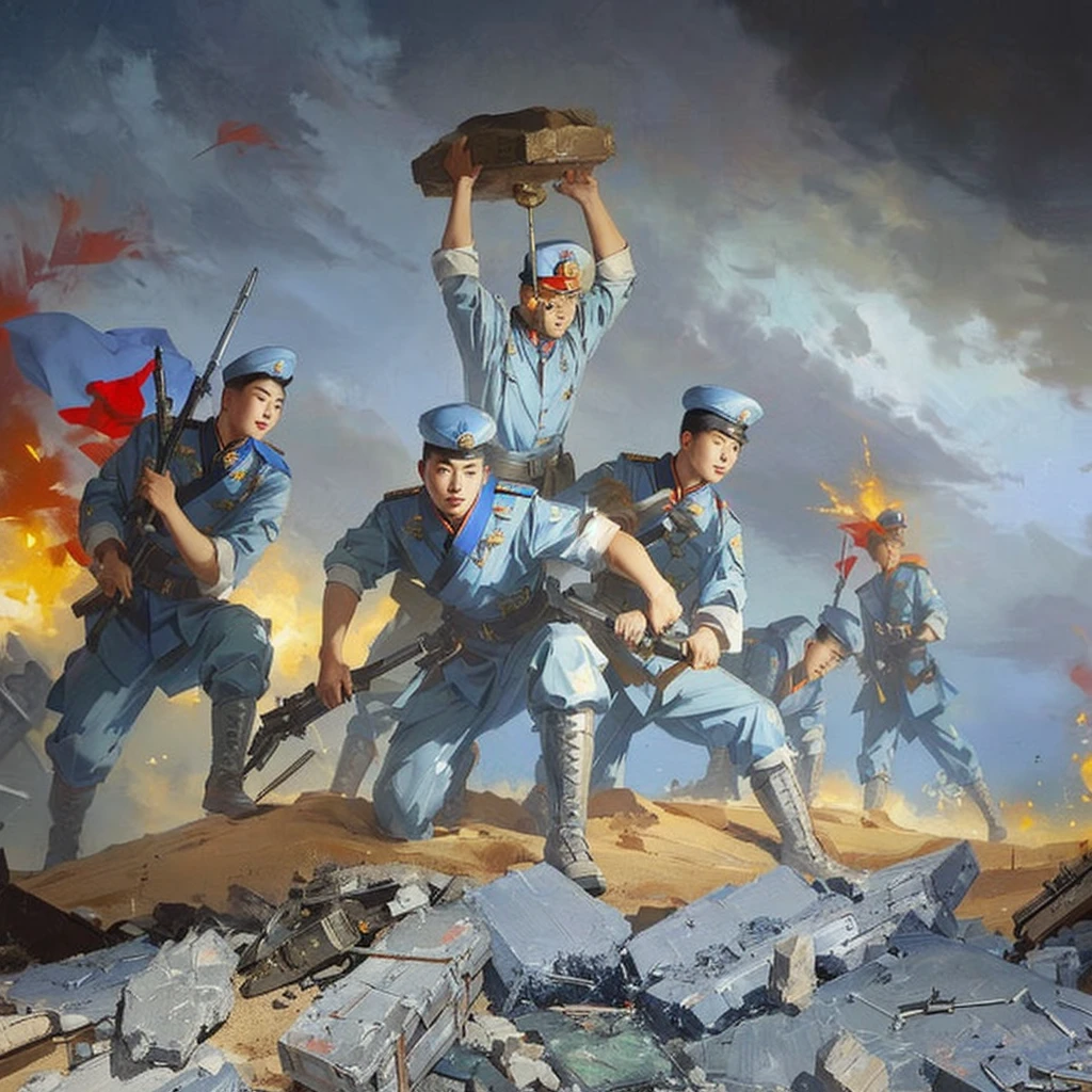 Chinese People'sboy soldiers holding tools and mriages,picking up rubble on the battlefield in blue uniforms,with red flags fluttering behind them.,