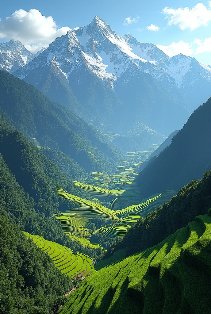 Panoramic view of terraced fields with mountains in the background