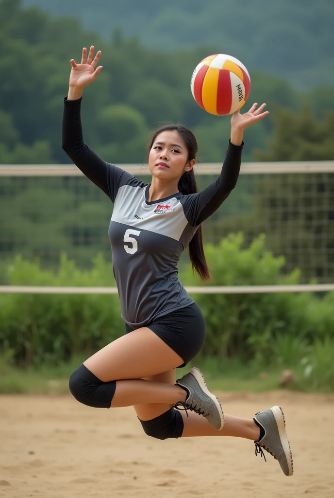 a beautiful Indonesian woman, a bit chubby, big breasts, tied hair, long-sleeve tight volleyball jersey, shorts with legging inside, running shoes, jumping ready to spike with bending leg , is on an outdoor volleyball court in the countryside as a background detail, realistic photography, natural light, look at the viewer,