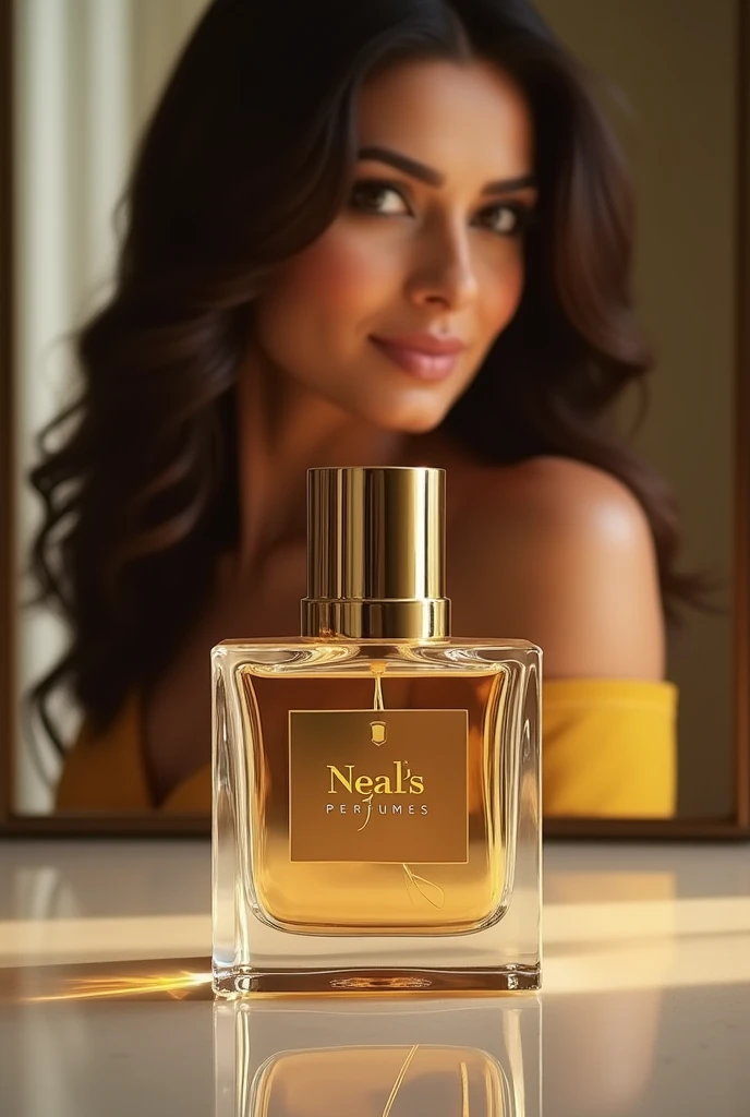 Square clear glass perfume bottle with logo Neal's Perfumes and cylindrical golden cap . Rakhi Sawant in background. 