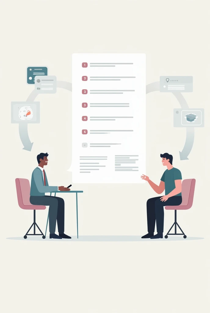 Description: Here is the main section of the interview, with clearly defined and structured questions and answers. The interviewer follows a script or a list of predefined questions.
Suggested visual elements:
A list of numbered questions on a document or screen, For example:
Question 1: "What is your experience in...?"
Question 2: "How do you handle situations of...?"
Question 3: "Why are you interested in...?"
Arrows indicating the flow of questions and answers.
with animated and not real characters
