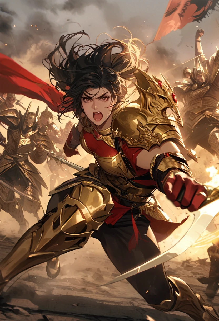 masterpiece,8k,ultra detailed,Best Quality,battlefield,(bottom:the warriors are fighting,red warriors,green warriors,jumping,hack,slash),(middle ground:the queens are fighting,blonde hair queen,amber listened,black hair queen,parque bo-young,fighting pose),The lighting is dark and gloomy.,exquisite golden armor,exquisite gold crown,exquisitely carved silver sword,exquisitely eagle helmet.