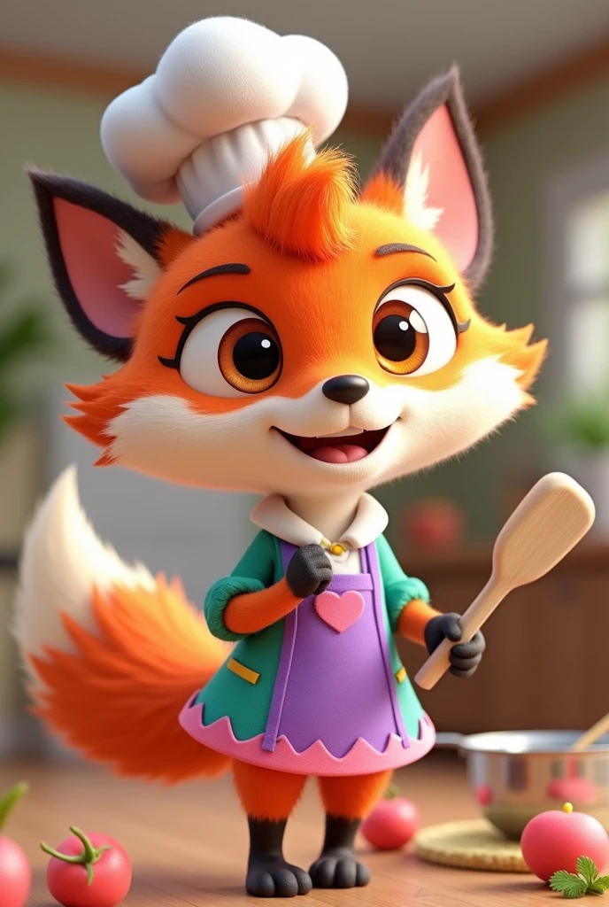 name: Foxy Frizz Style: Disney Pixar 3D Personality: friendly, Cunning, passionate about cooking and decorating.
Appearance:
colors: Vibrant shades of orange and white, green and blue details.
Accessories: chef hat, purple apron with pink details, and kitchen utensils (like a spatula or wooden spoon).
Expressions: warm smile, olhos grandes e brilhantes.
Activities and Poses:
cozinhando (stirring a pan, preparing a dish).
Decorating (holding a plant or setting a table).
Giving home tips (pointing to a tip board).
Interactivity on the Website:
Hover animations (wink, TO WAVE, dance).
Friendly messages and helpful tips.