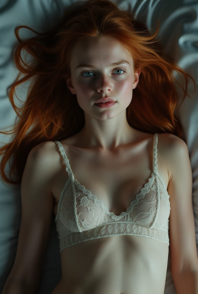 (mackenzie foy (mackenzie foy) Ginger length hair girl,,Wearing stunning white lace lingerie,Spread your legs:1.6), (naked, naked体:1.8), (No clothes, not good:1.8),(length, Messy Hair, Hair blowing in the wind:1.6), blue eyes, Beautiful Eyes, Delicate lips, (lies naked体, Sensual, whole body:1.5), (Photos from different angles:1.5), (Lying in a creepy and scary gothic bed, fog:1.6), Low Color, Ray Tracing, (Highest quality, 4K, 8k, High resolution, masterpiece:1.2), Very detailed, (practical , photopractical, photopractical :1.37), High resolution, Ultra HD, masterpiece, Professional, Vibrant colors, Bokeh, Studio Lighting