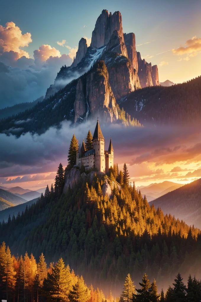 A detailed, lush forest tower at sunset, with mountains and surrounding trees in the background, 1920:1080 wallpaper, (best quality,4k,8k,highres,masterpiece:1.2),ultra-detailed,(realistic,photorealistic,photo-realistic:1.37),dramatic lighting,vibrant colors,intricate foliage,atmospheric,serene,golden hour,dramatic sky,volumetric lighting,cinematic composition,stunning landscape