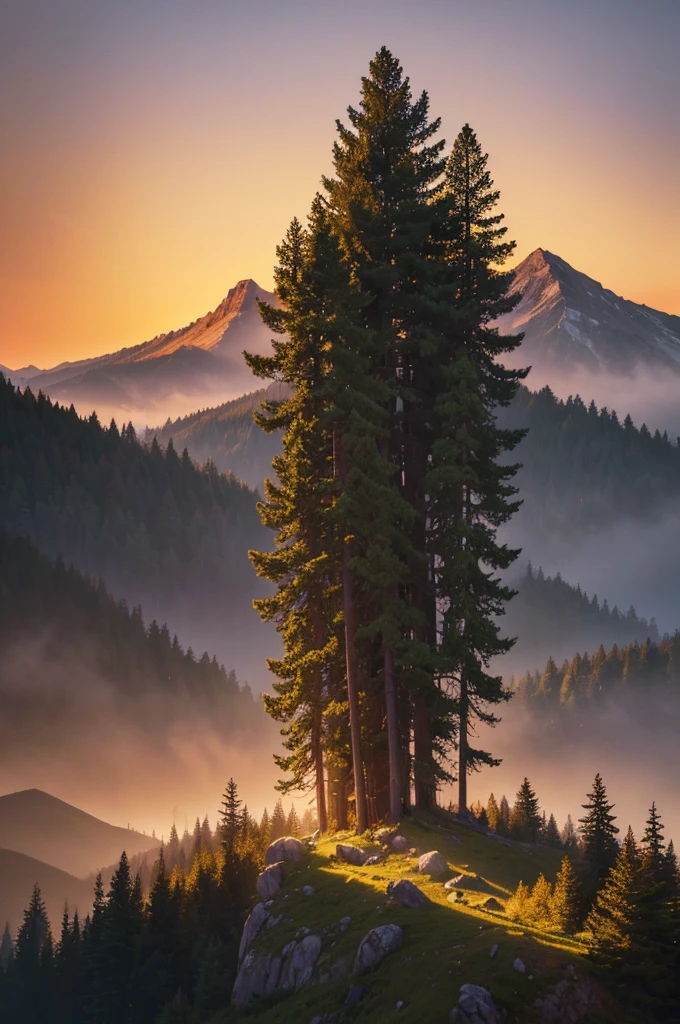 A detailed, lush forest tower at sunset, with mountains and surrounding trees in the background, 1920:1080 wallpaper, (best quality,4k,8k,highres,masterpiece:1.2),ultra-detailed,(realistic,photorealistic,photo-realistic:1.37),dramatic lighting,vibrant colors,intricate foliage,atmospheric,serene,golden hour,dramatic sky,volumetric lighting,cinematic composition,stunning landscape