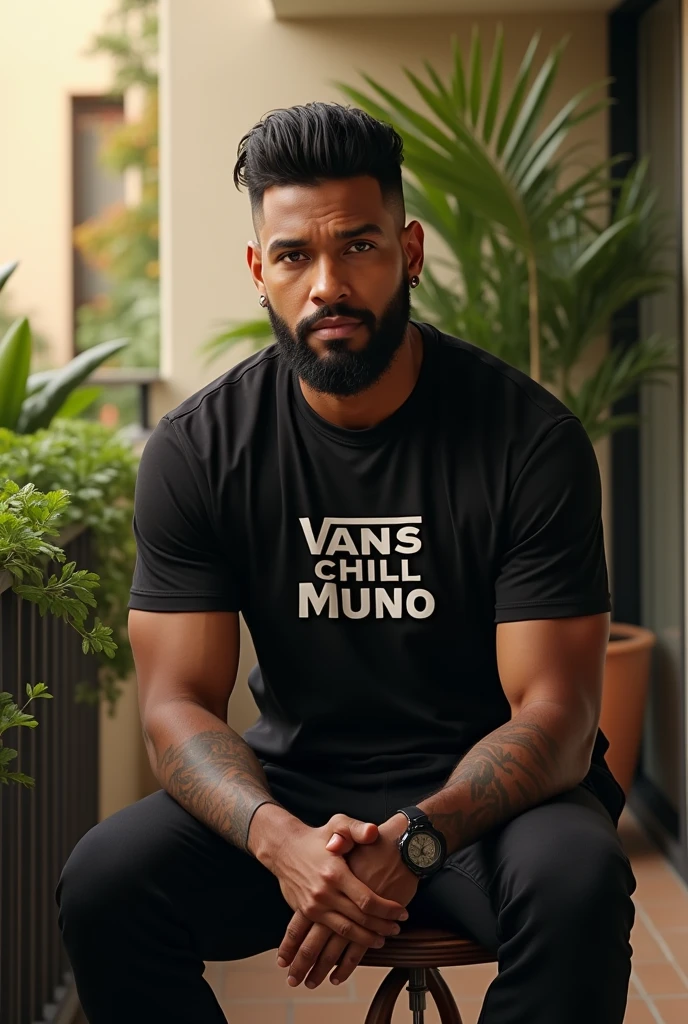 (photorealism:1.2), handsome gentlemen, brown skin, sitting on balcony, wearing black t shirt with a writing says Vans Chill Muno, vans long black pants, low fade, black men hair style, neat hair style, combed hair nearly, box shape hair style, shaved beard style, police men
beard style, only front mustache will Smith and chris Brown beard fade. Smooth pose, outdoors, soft lighting, plants in background, with view of sunlight, ccozy day, relaxed pose, realistic, intricate details, warm colors, by Greg Rutkowski, by Alphonse Mucha