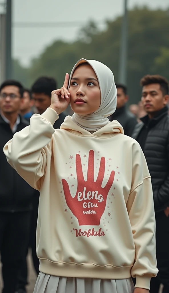 A hijaber indonesian pretty woman, wearing a cream hoodie with a strong vector design featuring a silhouetted image of a five-fingered palm in white colour with red love and starlight. The phrase "ELENG LIMO WAKTU" is displayed in bold simple elegand, distressed typography with pastel colours, while holding her hoodie, wearing hijab, one-handed pose pointing upwards, in a public place, surrounded by many men, model, jav idol, with a frontal shooting angle, very realistic, (complex detail: 0.9), (hdr, hyperdetail: 1.2), RAW, Sony Alpha a9 II, 24-105mm f/4, HDR,