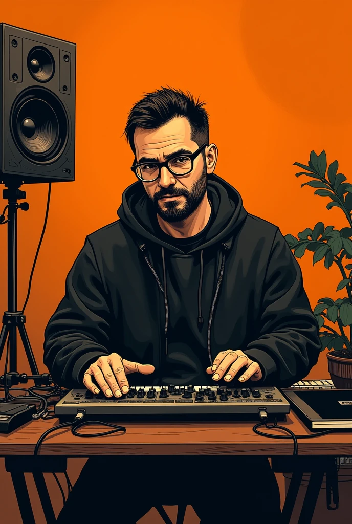 There is a 40-year-old photographer，With a short beard,  short hair, (slightly overweight), wear glasses, Sitting at the table，Playing with the camera, keyboardist, In his basement studio, Using the Camera, Popular on Art Station, Sitting at the table，In front of the keyboard, Play Techno House Music, Art Station Hot Sale, mix, Music playing, listen to music, Milton Caniff (Milton Caniff) Beautiful illustrations, Duotone, Two colors, Black and Orange, , , ink, masterpiece