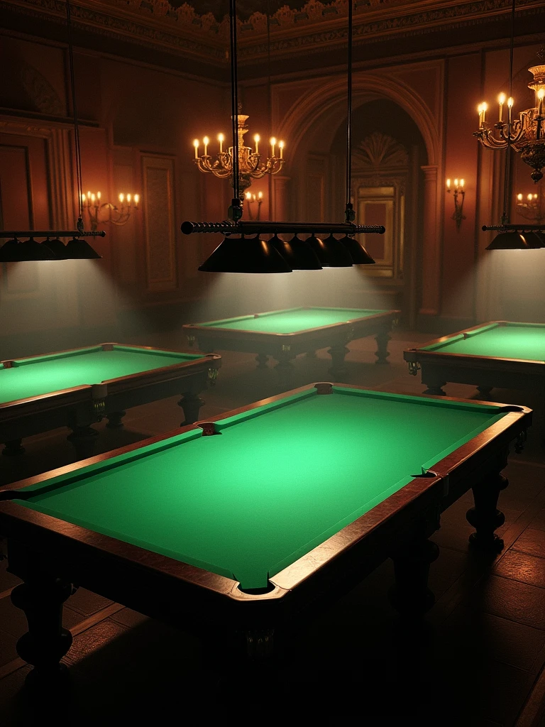 A billiard club having 5 billiard tables in a dark theme hall beautiful