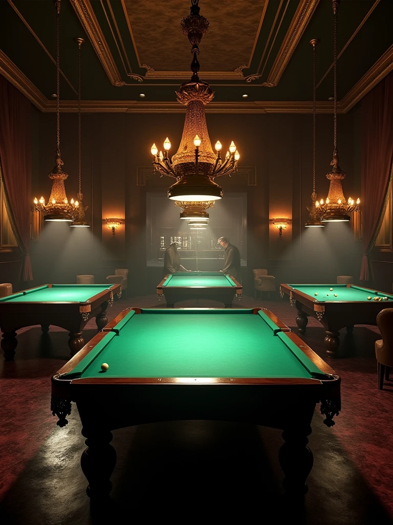 A billiard club having 5 billiard tables in a dark theme hall beautiful