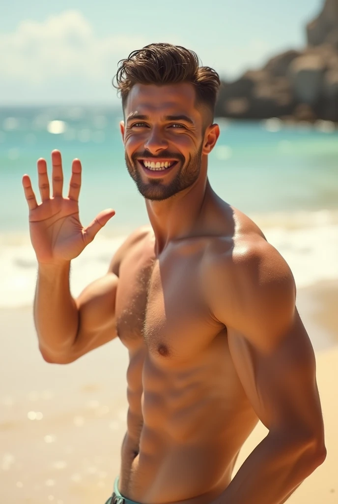 a nude man on the beach waving and smiling,extremely detailed face and body,photorealistic,8k,high quality,realistic lighting,warm color tones,beautiful detailed eyes,beautiful detailed lips,extremely detailed face,longeyelashes,muscular male body,standing pose,ocean waves in background,sunny beach scenery,detailed skin texture,natural lighting