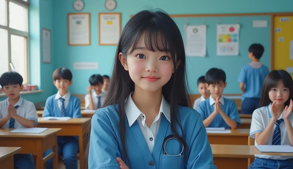 A stunning and oil painting of a young Korean woman, -17, betifully portrayed with a joyful and melancholic expression. She is standing at her place in classroom of her school, with a little smile on her face, there are other students behind her, in the classroom sitting on their respected desks. students are looking at her and clapping for her, feeling happy for her. wide angle, adding to the sense of unease. The painting exhibits a real-like, impressionistic style, with visible brushstrokes that create a sense of depth and texture. The color palette primarily consists of bright blue, grays, and blacks, evoking a light atmosphere.
