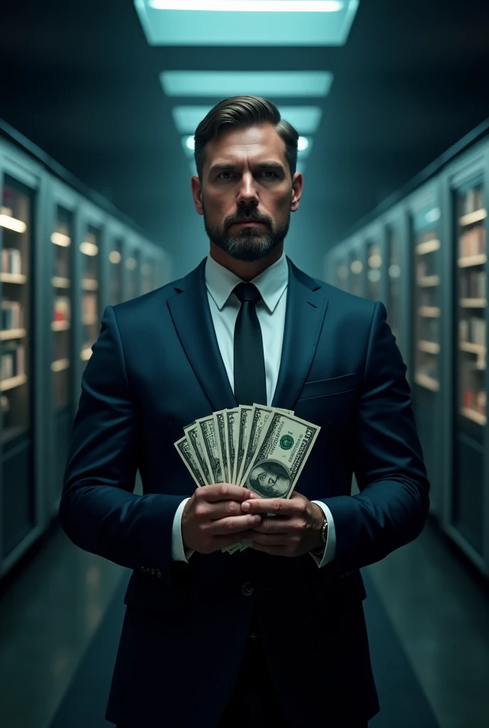 I need youtube thumbnail, with black Cinametic background included video editing pc softweres information & men holding dollars.