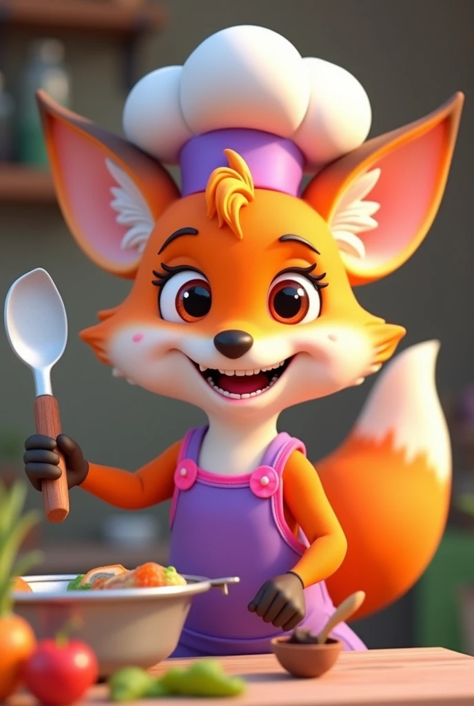 name: Foxy Frizz Style: Disney Pixar 3D Personality: friendly, Cunning, passionate about cooking and decorating.
Appearance:
colors: Vibrant shades of orange and white, purple and pink details.
Accessories: chef hat, purple apron with pink details, and kitchen utensils (like a spatula or wooden spoon).
Expressions: warm smile, olhos grandes e brilhantes.
Activities and Poses:
cozinhando (stirring a pan, preparing a dish).
Decorating (holding a plant or setting a table).
Giving home tips (pointing to a tip board).
Interactivity on the Website:
Hover animations (wink, TO WAVE, dance).
Friendly messages and helpful tips.