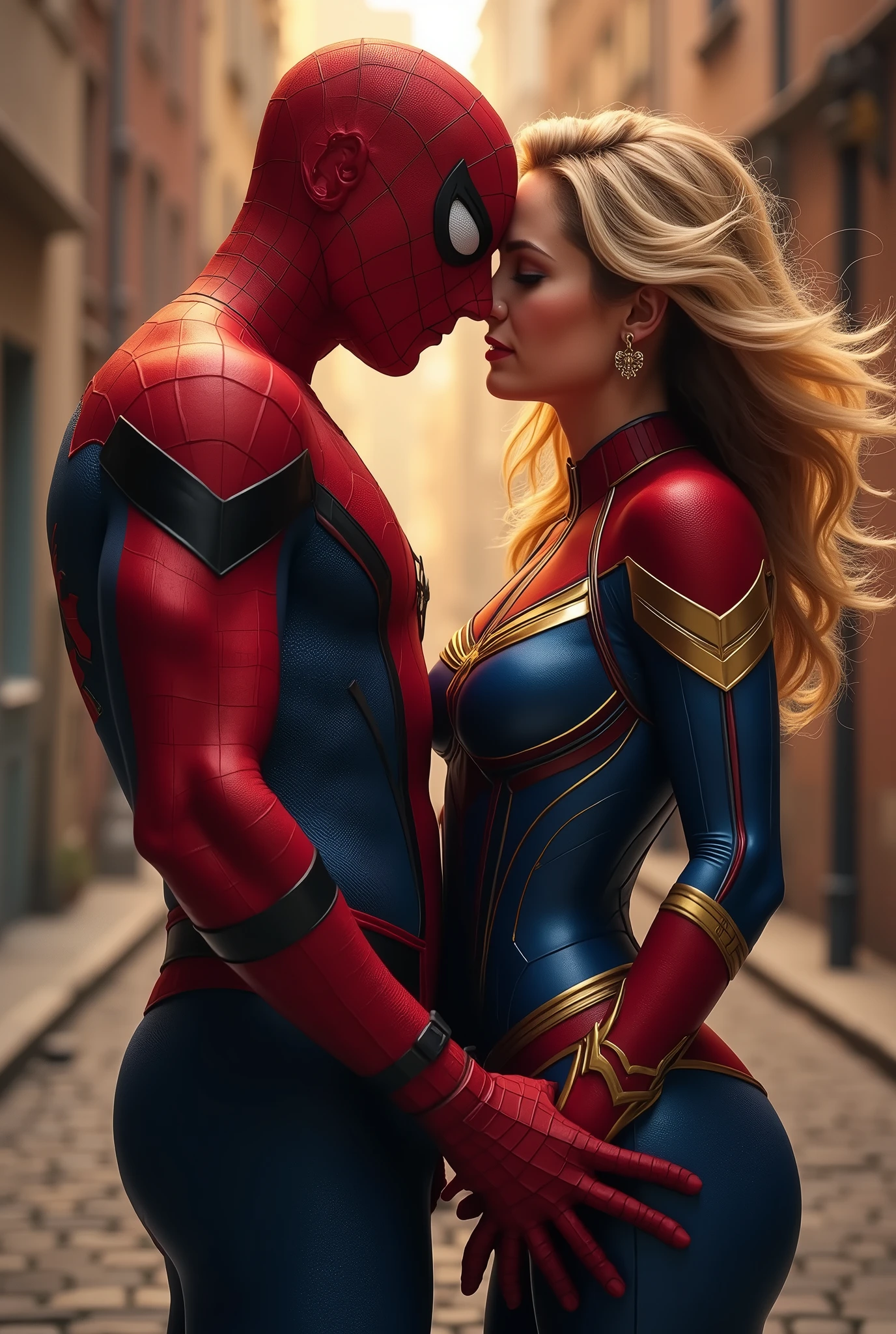 Spiderman is inserting his fingers in Captain Marvel’s vagina under her skirt, he is fingering her, she is in ecstasy, realistic, high detail