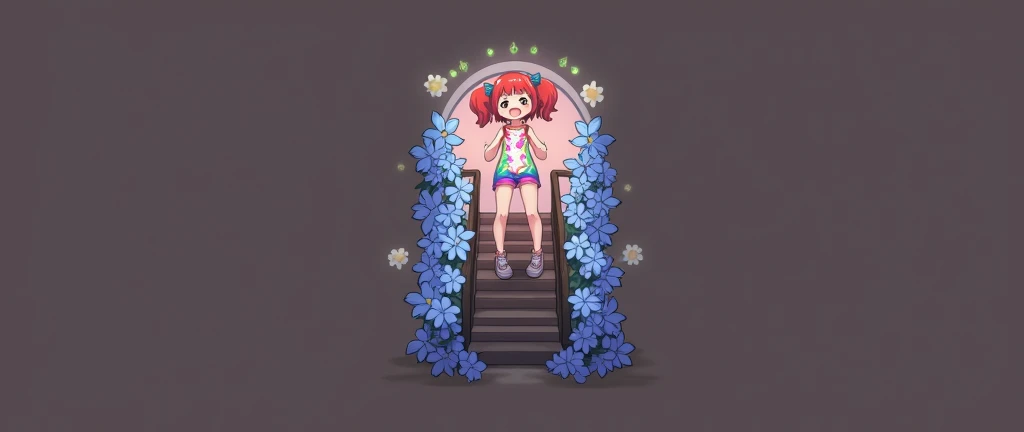 The image is a digital illustration of an anime-style character wearing a Rainbo colour shirt and shorts, standing on a staircase with blue flowers in the background.