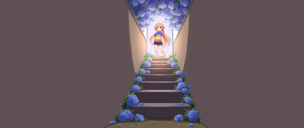The image is a digital illustration of an anime-style character wearing a Rainbo colour shirt and shorts, standing on a staircase with blue flowers in the background.