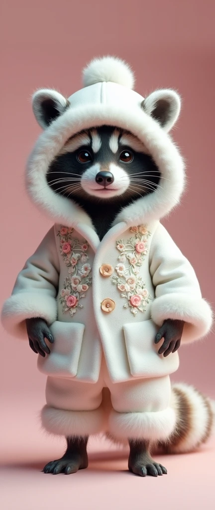 A mesmerizing 3D render of an adorable baby raccoon, exuding unparalleled elegance and sophistication. The raccoon is dressed in an exquisite white outfit inspired by a polar bear fur, featuring intricate embroidery and flowing fabrics that accentuate its delicate silhouette. The vibrant colors and high-resolution 8K quality of the image draw the viewer's focus to the intricate details of the attire. This conceptual art piece combines fashion and fantasy in a captivating and imaginative way., conceptual art, vibrant, photo, fashion, 3d render