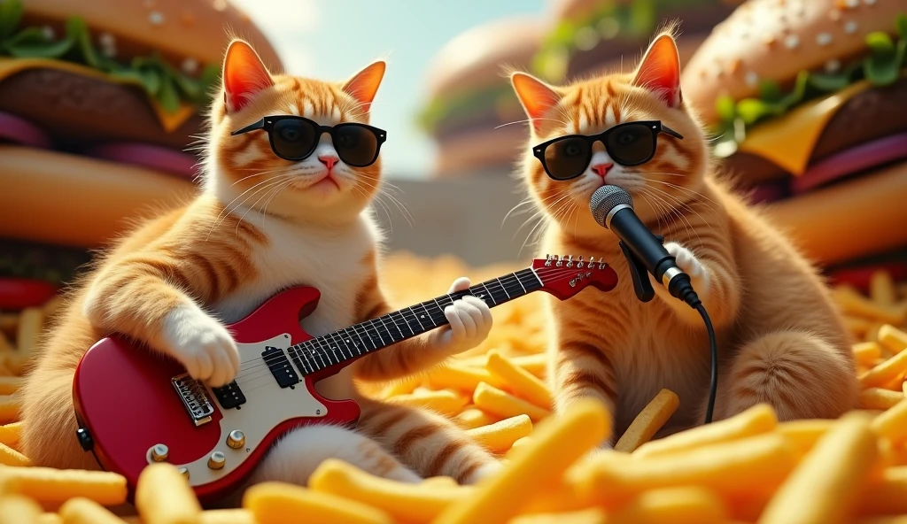 A cat wearing sunglasses playing an electric guitar on a bed of french fries in a hamburger world and a cat wearing sunglasses singing with a microphone
