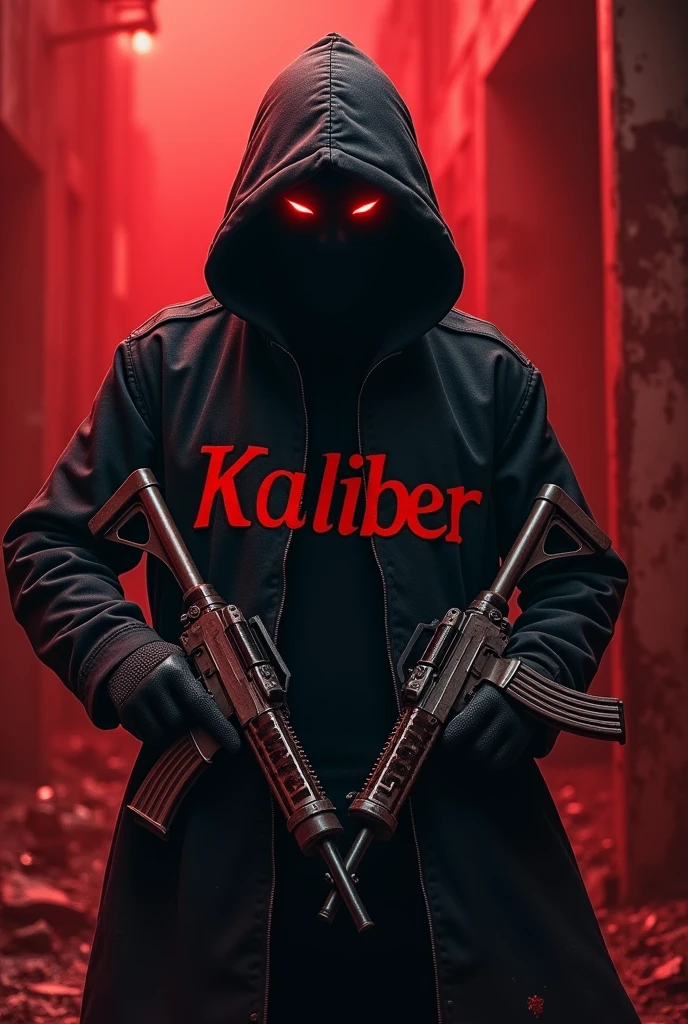 Balck hooded man, red eyes, bloody background, holding two sub machine guns with word “kaliber” in large text, hyper realism, logo