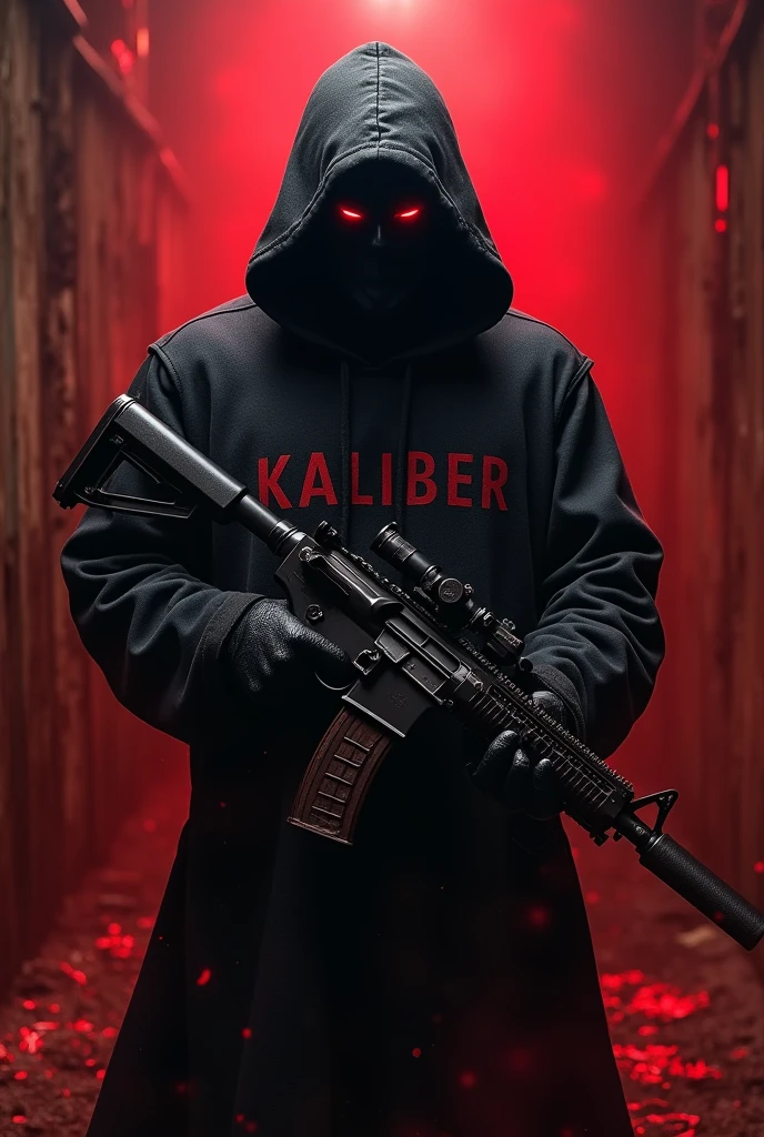 Balck hooded man, red eyes, bloody background, holding two sub machine guns with word “kaliber” in large text, hyper realism, logo